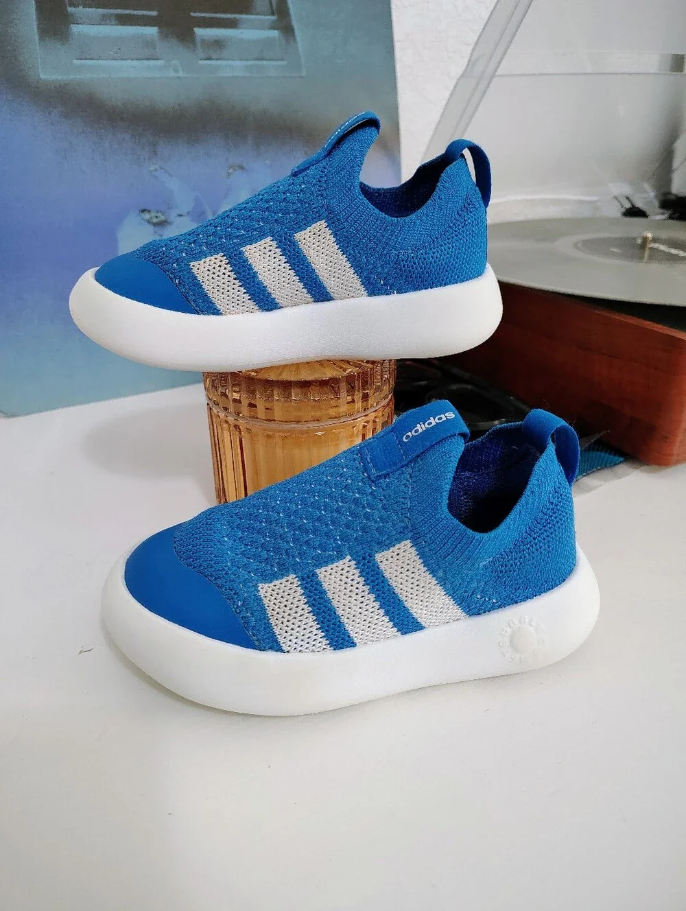 ADIDAS Bubblecomfy Blue Slip-On Knit Sneakers Bright Royal / Cloud White Size 9k - Picture 2 of 8